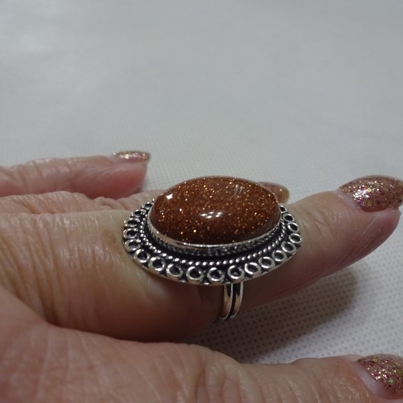 Sparkling "GOLD SUNSTONE" Handmade Sterling Ring Size 9 #695A - Picture 2 of 3